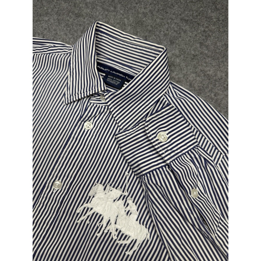 Ralph Lauren Sport Button Top Womens 6 Blue White Stripe Big Double Pony
